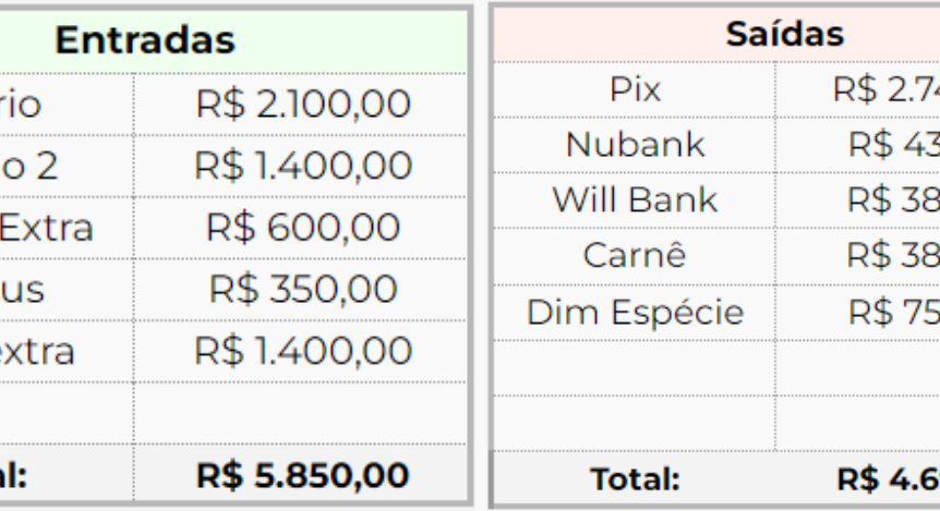 Table showing income and outcome