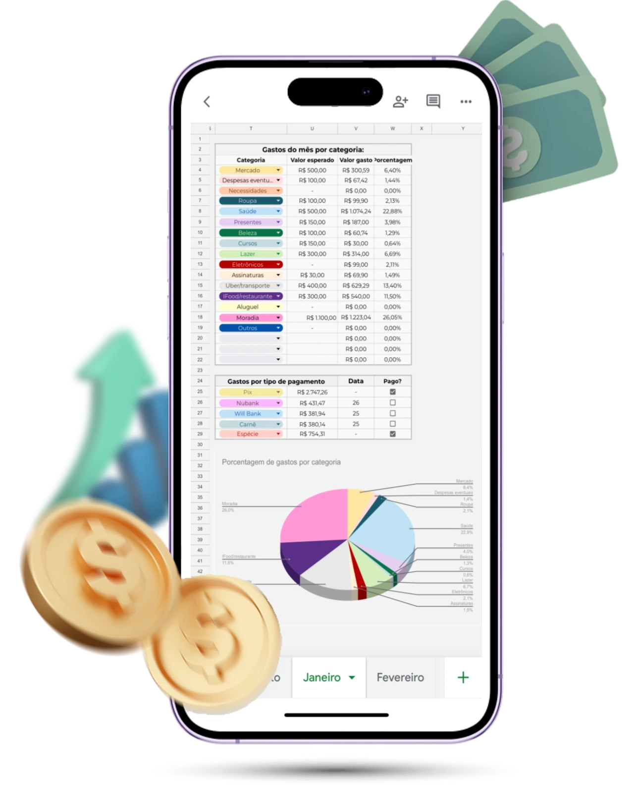 Smartphone displaying a financial dashboard with coins and an upward arrow